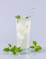 Refreshing mint lemonade served in a tall glass with ice and mint leaves garnishing the drink photo