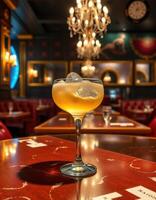 Elegant cocktail served in a sophisticated restaurant setting with opulent decor and chandelier lighting photo
