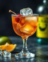 Refreshing cocktail with ice cubes garnished with cherries and citrus fruit on a dark background photo