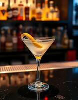 Classic cocktail served in elegant glass with lemon twist at a stylish bar during evening hours photo