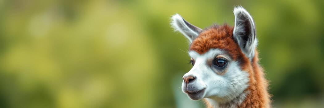 Young llama standing in a lush green field under soft daylight showcasing its playful expression and unique fur pattern photo