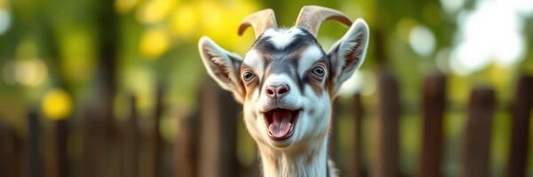 Happy young goat enjoying a sunny day at a farm with natural greenery in the background photo