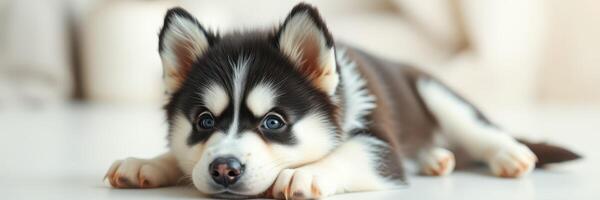 Adorable husky puppy resting on a soft surface in a cozy indoor setting during daytime photo