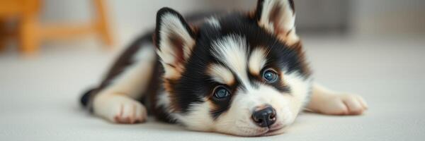 Playful husky puppy relaxing indoors in a cozy environment during the day photo