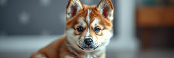 Cute corgi puppy sitting indoors with warm lighting and soft background details photo