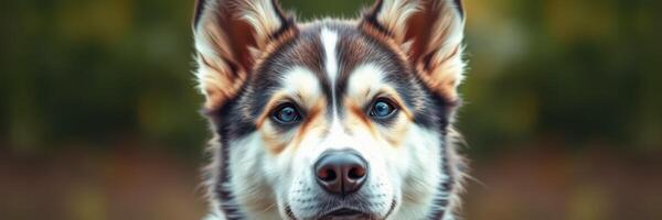 Beautiful dog with striking features posing calmly outdoors in soft daylight photo