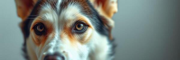 Dog with striking features gazes directly at the camera in a soft-lit indoor setting photo