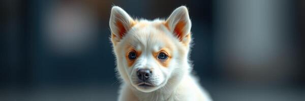 Cute puppy with light fur and expressive eyes looking curiously at the camera in a cozy indoor setting photo