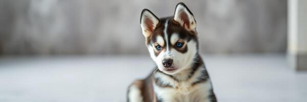Small husky puppy sitting calmly indoors, showcasing its playful demeanor and striking coat patterns photo