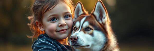 Girl enjoys a warm moment with her husky in a sunlit outdoor setting during golden hour photo