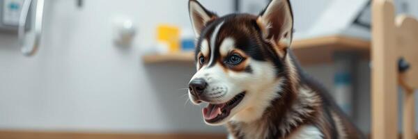 Cute husky puppy interacting in a veterinary clinic during a routine check-up with a friendly veterinarian photo