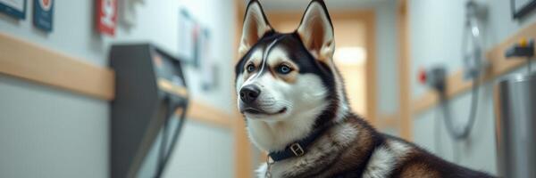 Husky walks through a veterinary clinic hallway during a routine check-up in the morning hours photo