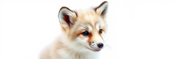 Cute young fox with soft fur looking curiously to the side, captured in a bright, neutral setting photo