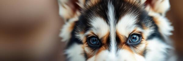 Adorable corgi puppy with striking blue eyes looking directly at the camera in a cozy indoor setting photo