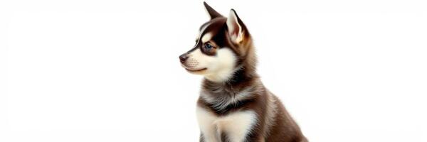 Adorable husky puppy sitting calmly with striking fur pattern and alert expression on a simple background photo