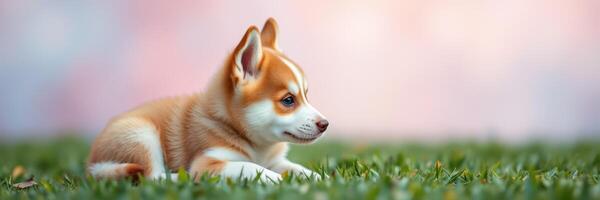 Corgi puppy rests on green grass under soft pastel sky at golden hour photo