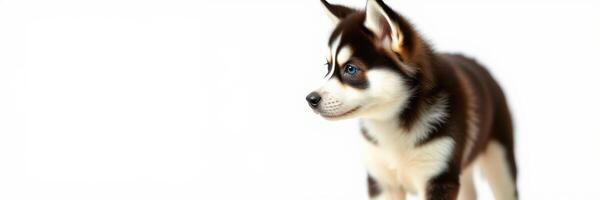 Playful husky puppy with striking fur pattern standing on white background indoors photo