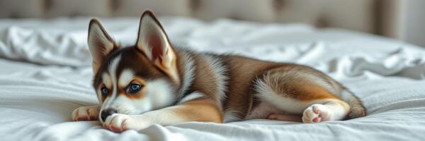 Cute husky puppy resting on a cozy bed during a lazy afternoon at home photo