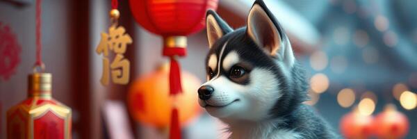 Enjoying the festive atmosphere, a cute dog surrounded by lanterns builds a joyful scene in a vibrant celebration photo
