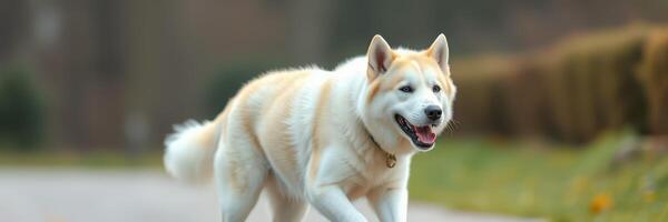 Akita dog walking happily on a sunny path in a park during springtime photo