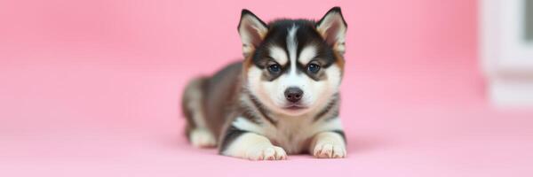 Siberian husky puppy relaxing on a pastel pink background during a playful indoor photoshoot photo