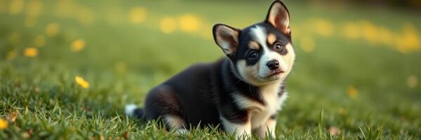 Cute corgi puppy sitting on grass in a sunny garden enjoying the outdoors photo