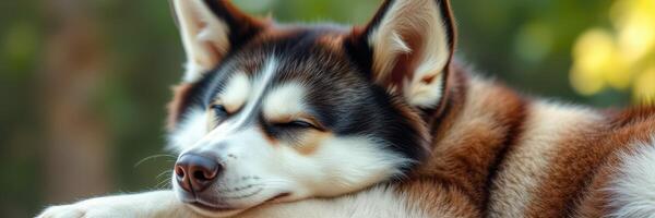 Dog peacefully resting outdoors in a serene setting during a sunny day photo