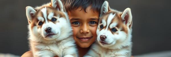 Boy smiles joyfully while holding two adorable husky puppies in a warm, inviting setting during the golden hour photo