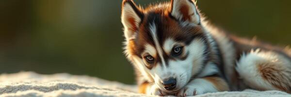 Cute Siberian Husky puppy resting on a sandy surface during golden hour, showcasing captivating blue eyes and fluffy fur photo