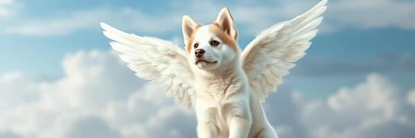 Dog with angel wings soaring above fluffy clouds on a bright day effortlessly captures the imagination and joy of flight photo