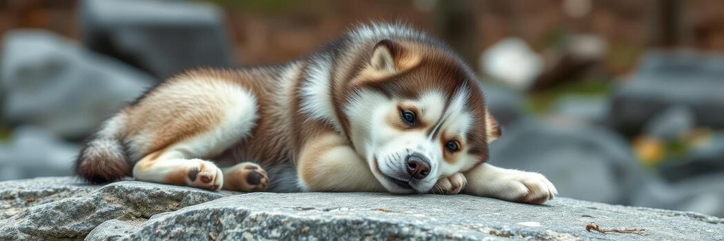 Playful husky puppy resting on a rocky surface in a natural setting during the day photo