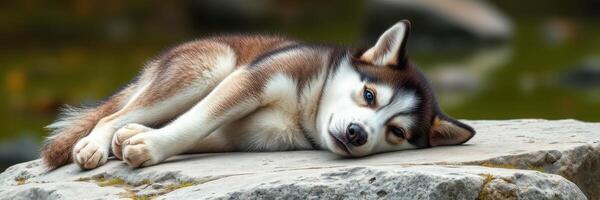 Relaxing husky dog resting on a rock by the water in a serene natural setting during the afternoon photo
