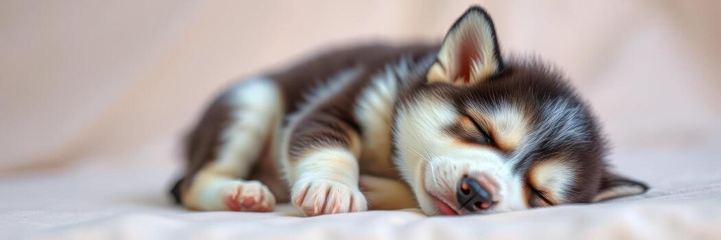Playful husky puppy sleeping peacefully on soft surface in a cozy indoor setting photo