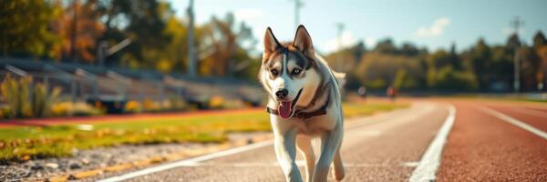 Siberian husky enjoys a sunny day running along a track at a sports field in autumn photo