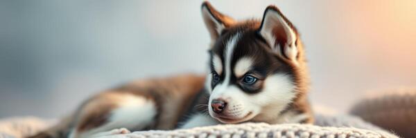 Cute young husky puppy resting on a cozy blanket in soft morning light photo