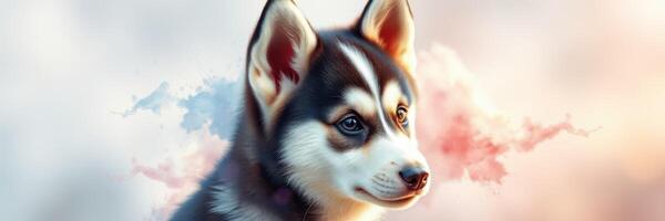 Portrait of a young husky puppy with soft fur and expressive eyes against a dreamy pastel background photo
