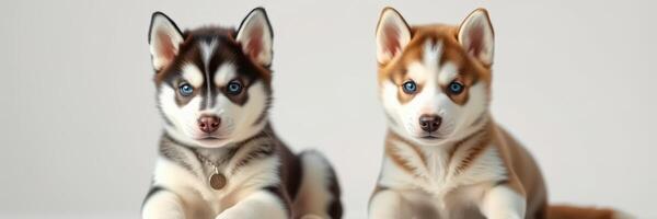 Two adorable husky puppies sitting side by side on a light background with curious expressions photo