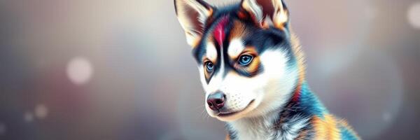 Siberian husky puppy with vibrant fur patterns and striking blue eyes in a soft focus background photo