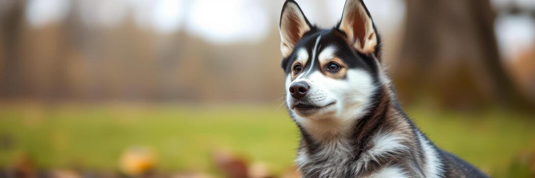 fornido perro descansando en un pacífico parque durante otoño con vistoso hojas dispersado alrededor foto