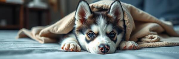 Cute puppy snuggles under a blanket on a cozy bed in a warm indoor setting during the afternoon photo