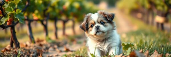 Cute puppy explores a vineyard surrounded by grapevines and fallen leaves during a sunny afternoon photo
