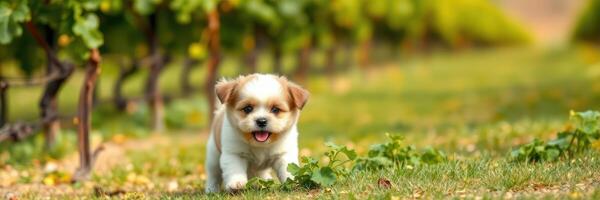 Playful puppy explores vine-covered vineyard on a sunny day, capturing joyful moments in nature photo
