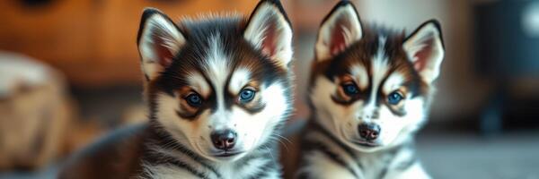 Two playful puppies sit together in a cozy indoor setting, showcasing their unique patterns and vibrant personalities photo