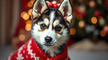 Corgi puppy wearing festive sweater poses for holiday portrait in cozy indoor setting photo