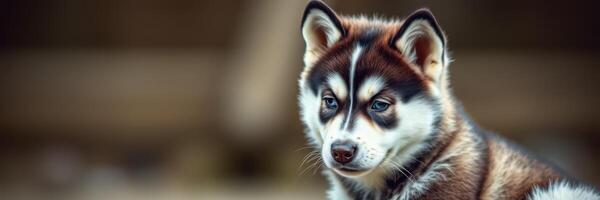 Cute young husky puppy resting indoors with expressive eyes and fluffy fur in a cozy environment photo