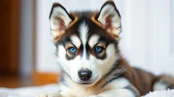 Cute husky puppy with blue eyes resting on a soft surface inside a cozy indoor setting photo