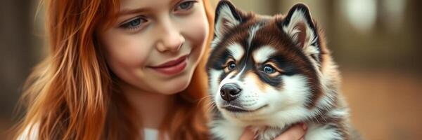 Young woman enjoys quality time with her fluffy puppy in a forest setting during a sunny afternoon photo