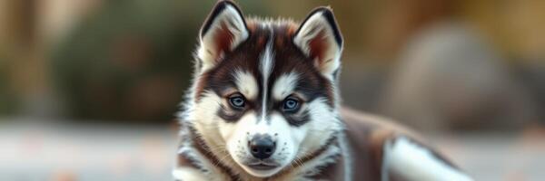 Husky puppy sitting outdoors, showcasing bright blue eyes and unique coat pattern in a peaceful garden setting photo