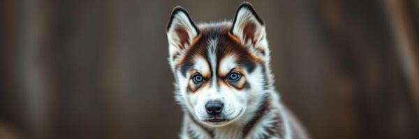 Beautiful husky puppy with striking blue eyes and distinctive fur pattern captured in a serene outdoor setting photo