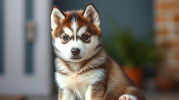 Cute husky puppy sitting indoors, showcasing its playful personality and striking coat pattern in a cozy environment during daylight photo